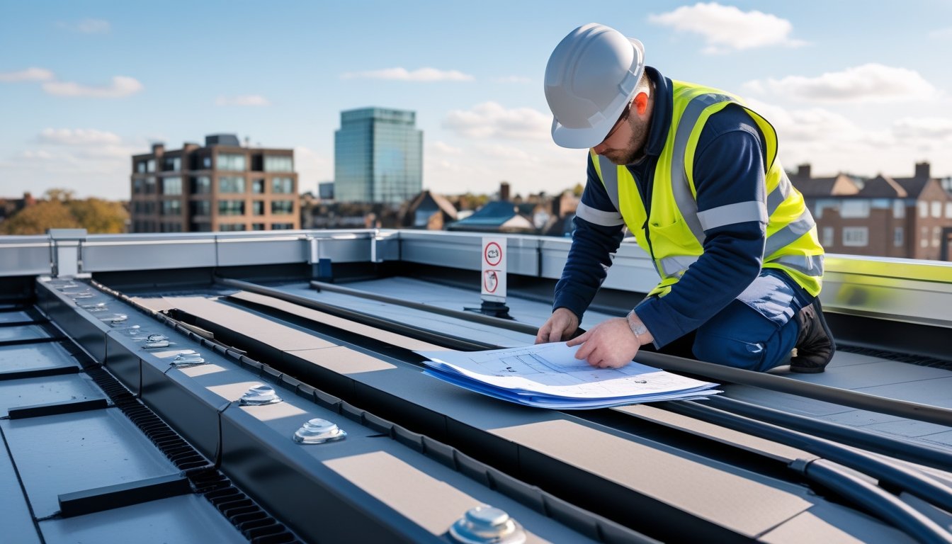 A maintenance worker inspects roof drainage components on a commercial building rooftop in an urban UK setting.