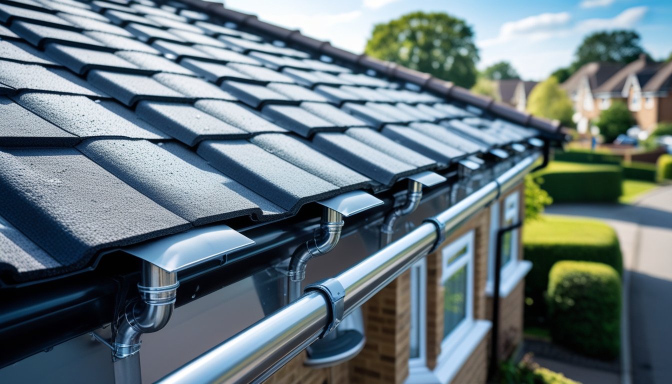 Close-up of a modern UK house roof showing gutters and downspouts with a suburban neighbourhood in the background.