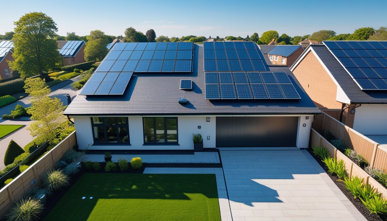 A modern UK suburban house with solar panels and smart sensors on the roof, surrounded by a garden and neighbouring homes.