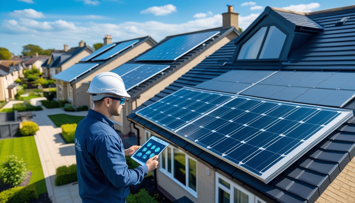 A technician inspects modern UK homes with smart roofs featuring solar panels and advanced materials on a sunny day in a suburban neighbourhood.