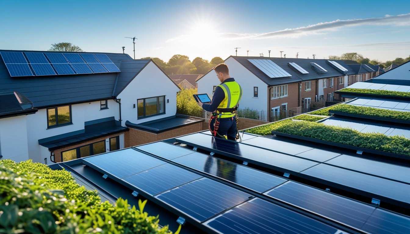 A technician inspecting smart roofs with solar panels and green vegetation on modern UK houses in a residential neighbourhood.
