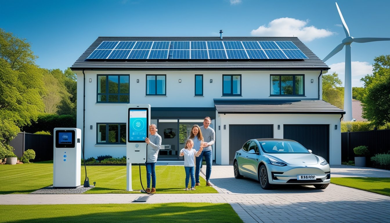 A UK suburban home with solar panels, a small wind turbine, and an electric car charging outside, with a family using a smart energy monitor inside.