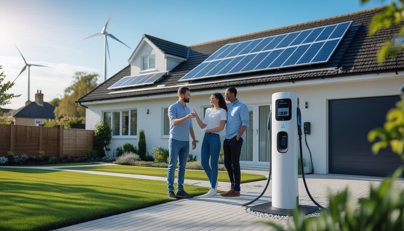 A British suburban home with solar panels on the roof, a couple discussing near an electric vehicle charging station, and a garden on a sunny day.