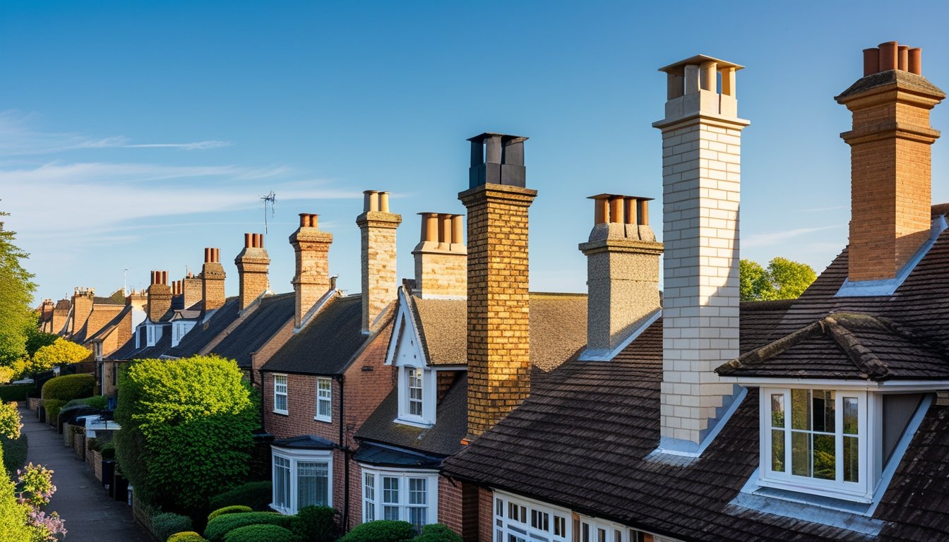 A row of residential houses with various chimneys on their rooftops under a clear blue sky in a British neighbourhood.