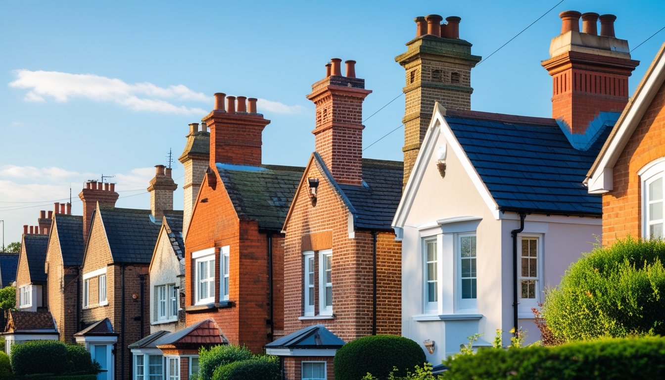 Row of traditional UK houses with various chimney designs under a clear blue sky in a suburban neighbourhood.