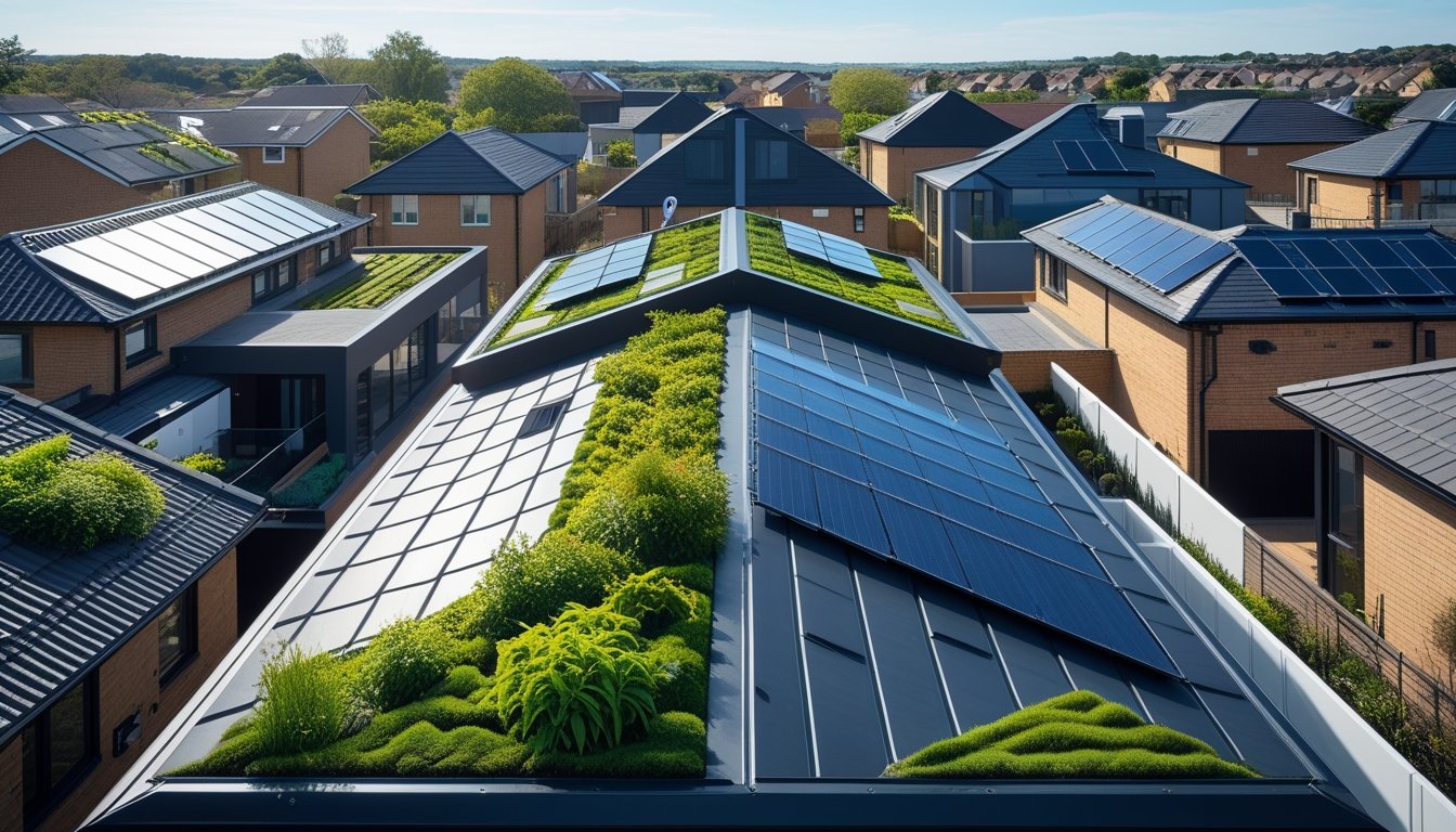 A neighbourhood of modern urban homes in the UK with green roofs, solar panels, and innovative roof designs under a clear sky.