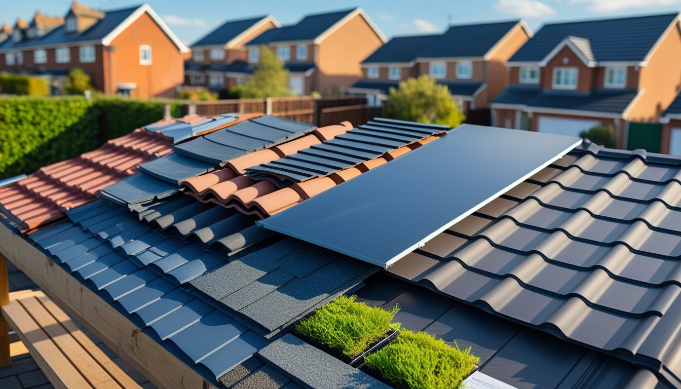 Close-up of various roofing materials displayed outdoors with UK houses in the background under a clear sky.