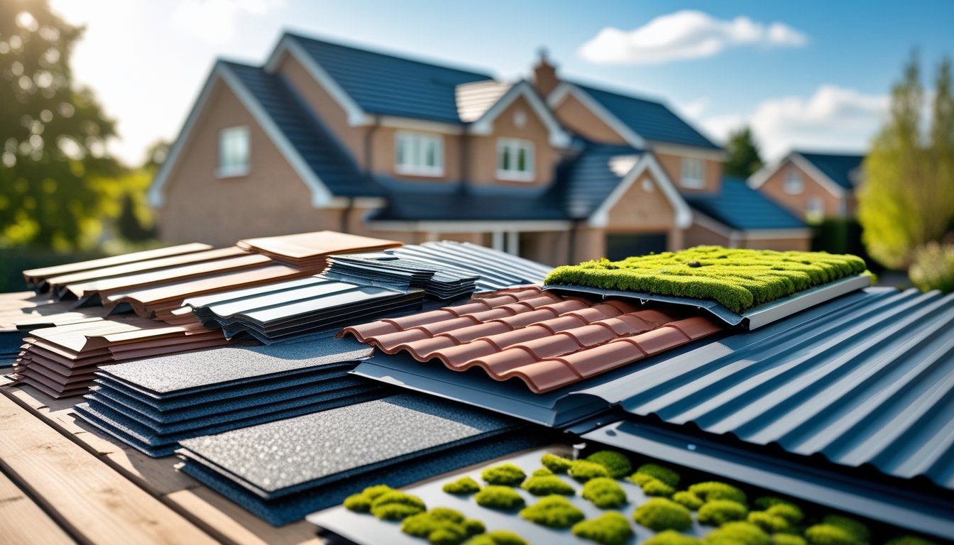 Various roofing materials displayed on a table with a UK suburban house roof in the background.