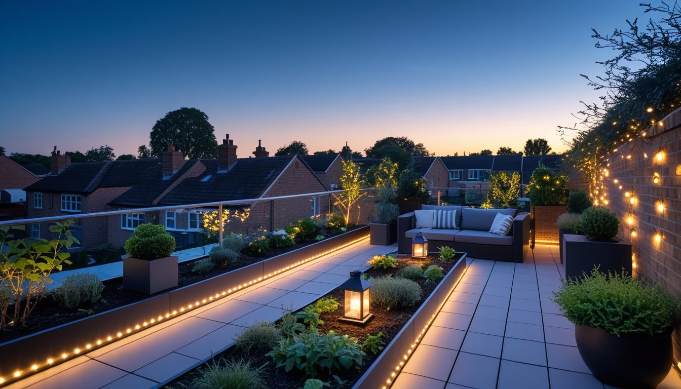 A rooftop garden on a UK home at twilight with plants and modern outdoor lighting illuminating the space warmly.