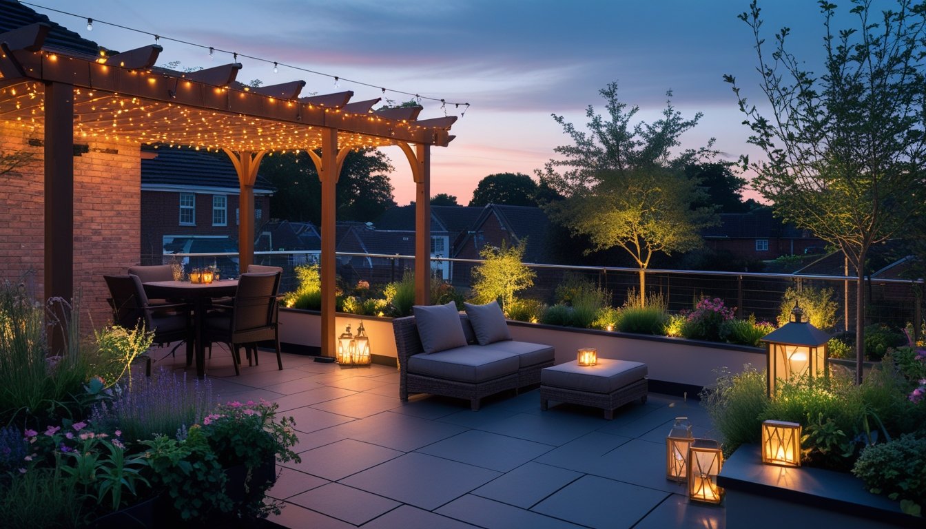 A garden roof terrace at dusk with decorative lighting illuminating plants and outdoor seating areas in a UK home.