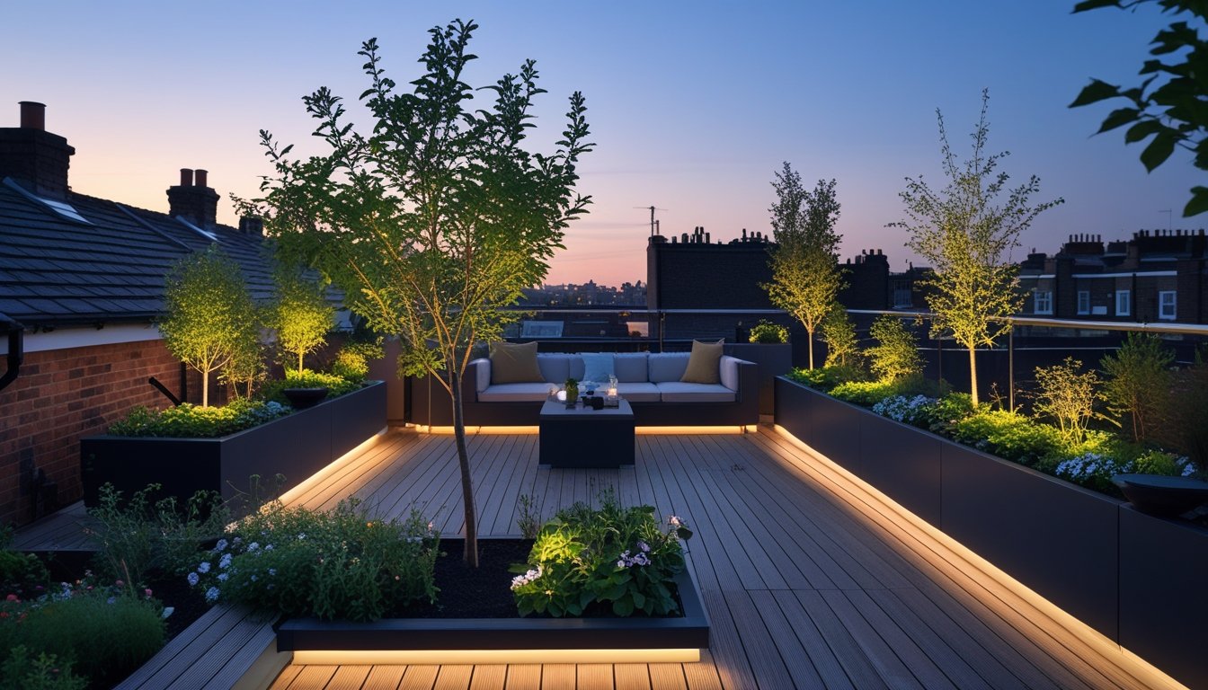 A rooftop garden on a UK home at dusk with warm LED lights illuminating plants and outdoor seating.