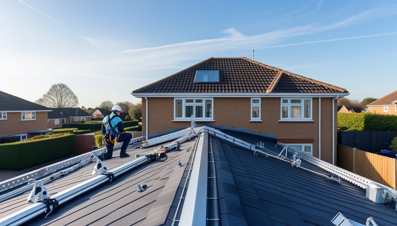 A UK suburban house rooftop fitted with various roof safety devices and a worker wearing safety gear inspecting them.