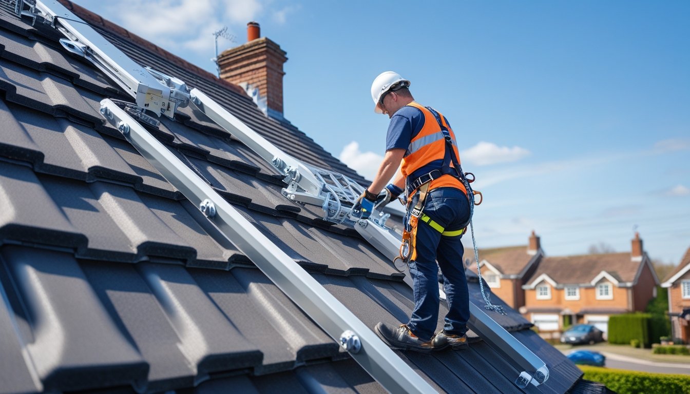 Technician wearing safety gear installing roof safety devices on a pitched roof of a UK home in a suburban neighbourhood.