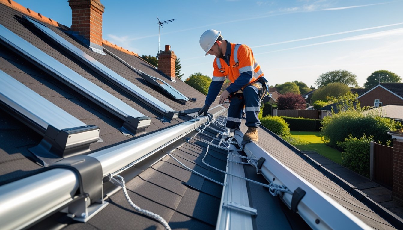 A worker wearing safety gear inspects roof safety devices installed on the pitched roof of a UK suburban house under a clear sky.