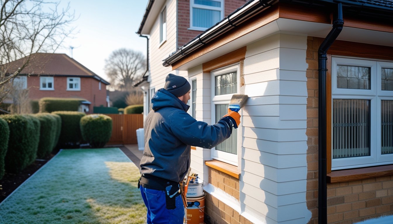 A person painting the exterior of a UK house on a cold winter day, wearing warm clothing and surrounded by a garden with frost.