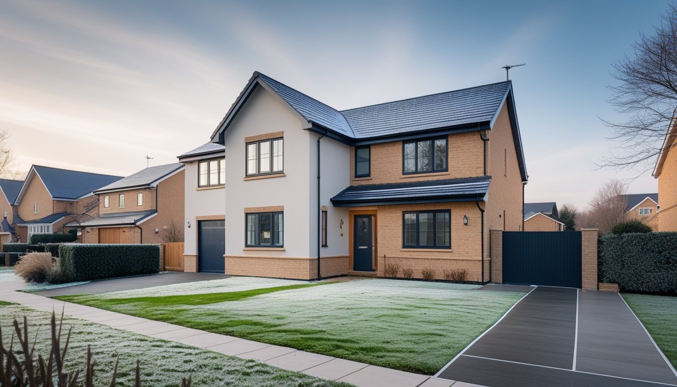 Exterior view of a modern UK house in winter with freshly painted walls and frost on the ground.