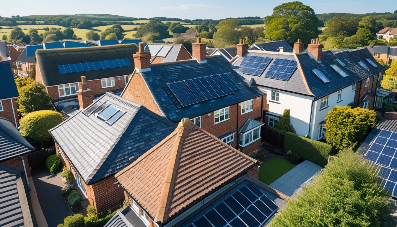 A neighbourhood with various types of UK roofs including slate, red clay tiles, thatched roofs, and modern flat roofs with solar panels under a clear blue sky.