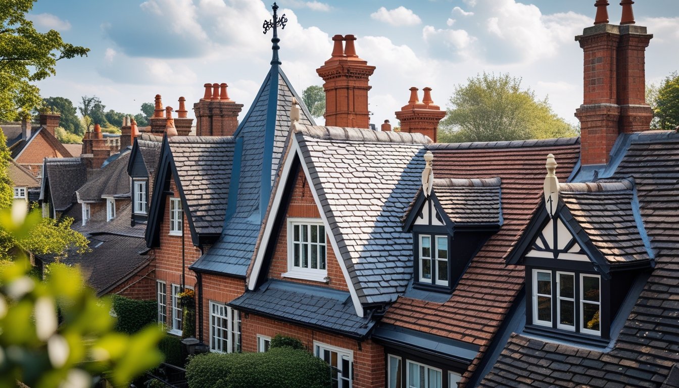 A panoramic view of British neighbourhood roofs showing various traditional and unique architectural features including pitched gables, chimney pots, dormer windows, and slate tiles under a partly cloudy sky.