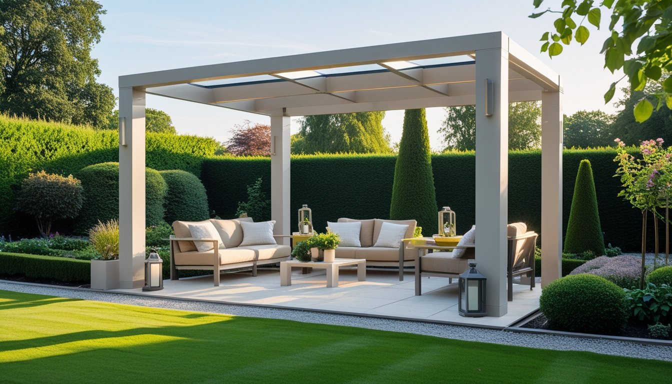 A modern pergola in a green garden with outdoor seating and plants under a clear sky.