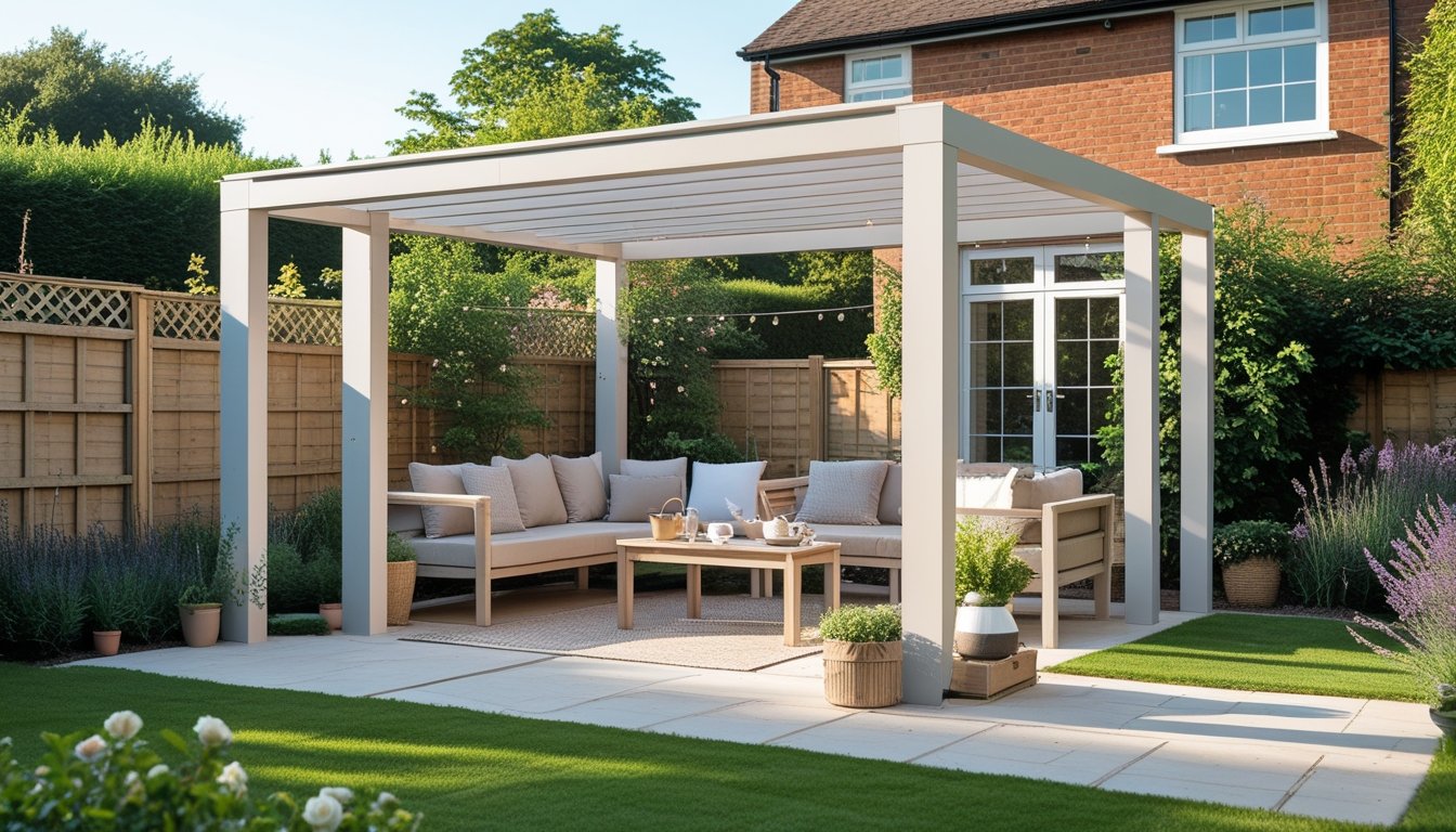 A modern pergola in a UK garden with outdoor seating, surrounded by plants and a brick house in the background.