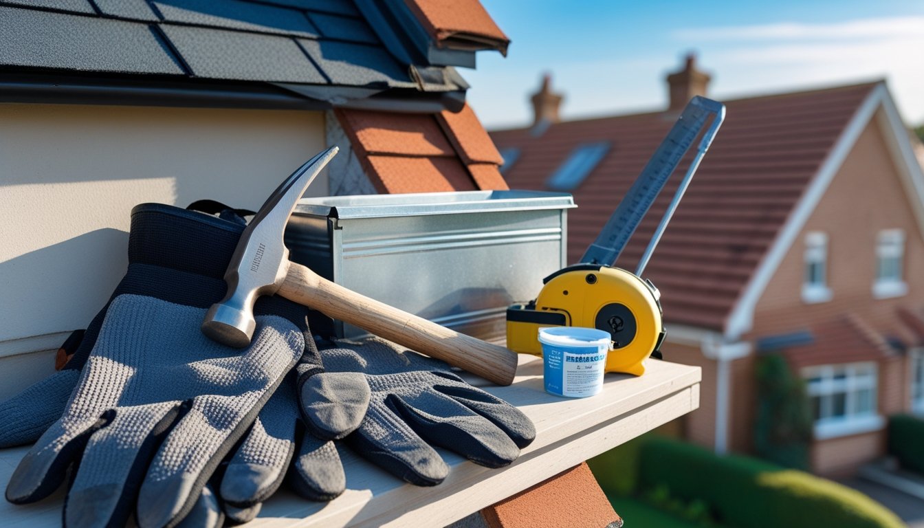 A collection of roofing maintenance tools arranged on a wooden surface with a UK residential roof in the background.