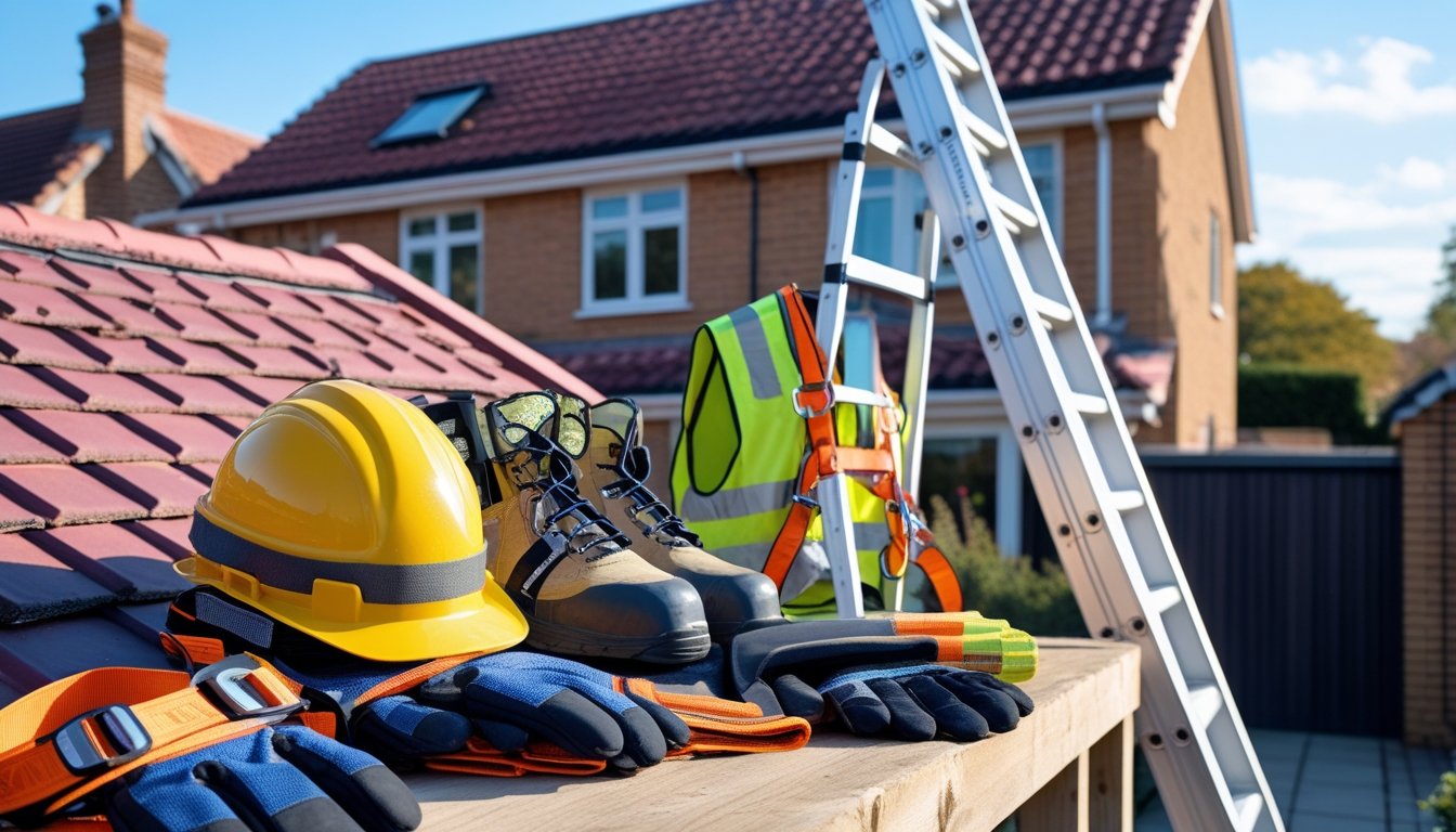 Safety helmet, gloves, high-visibility vest, goggles, harness, and ladder arranged near a UK house with a tiled roof.