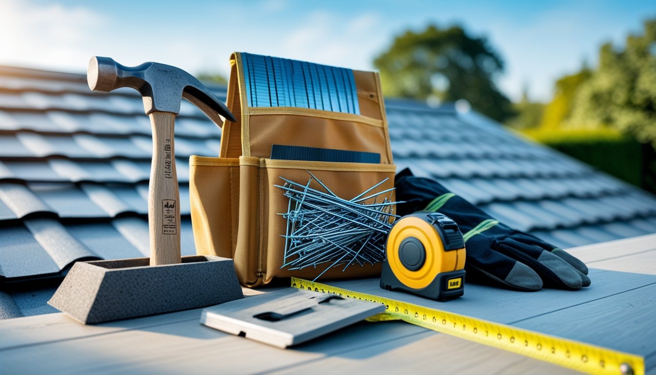 A set of roofing maintenance tools including a hammer, nails, scraper, measuring tape, chalk line, and gloves arranged on a wooden surface with a roof and blue sky in the background.