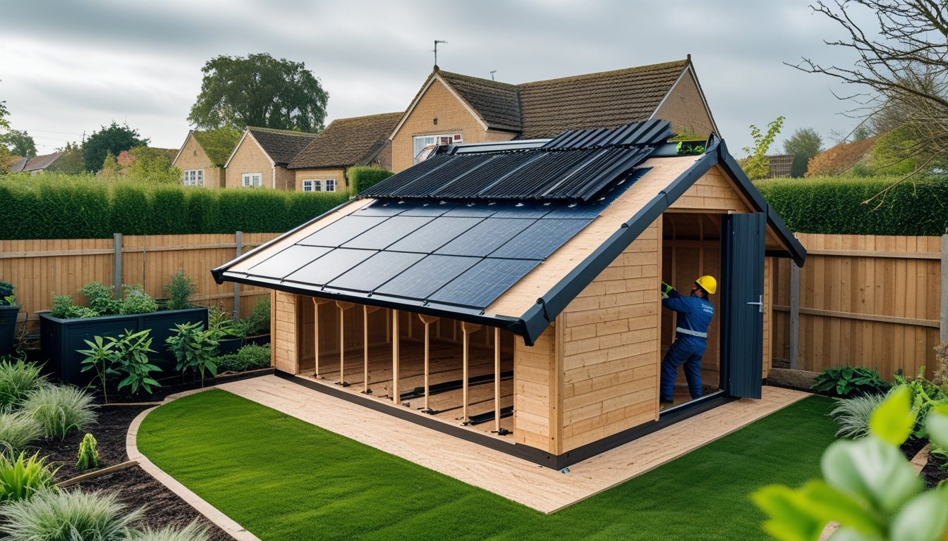 A garden shed in a UK garden with a worker installing eco-friendly roofing materials on the roof, surrounded by plants and a wooden fence.