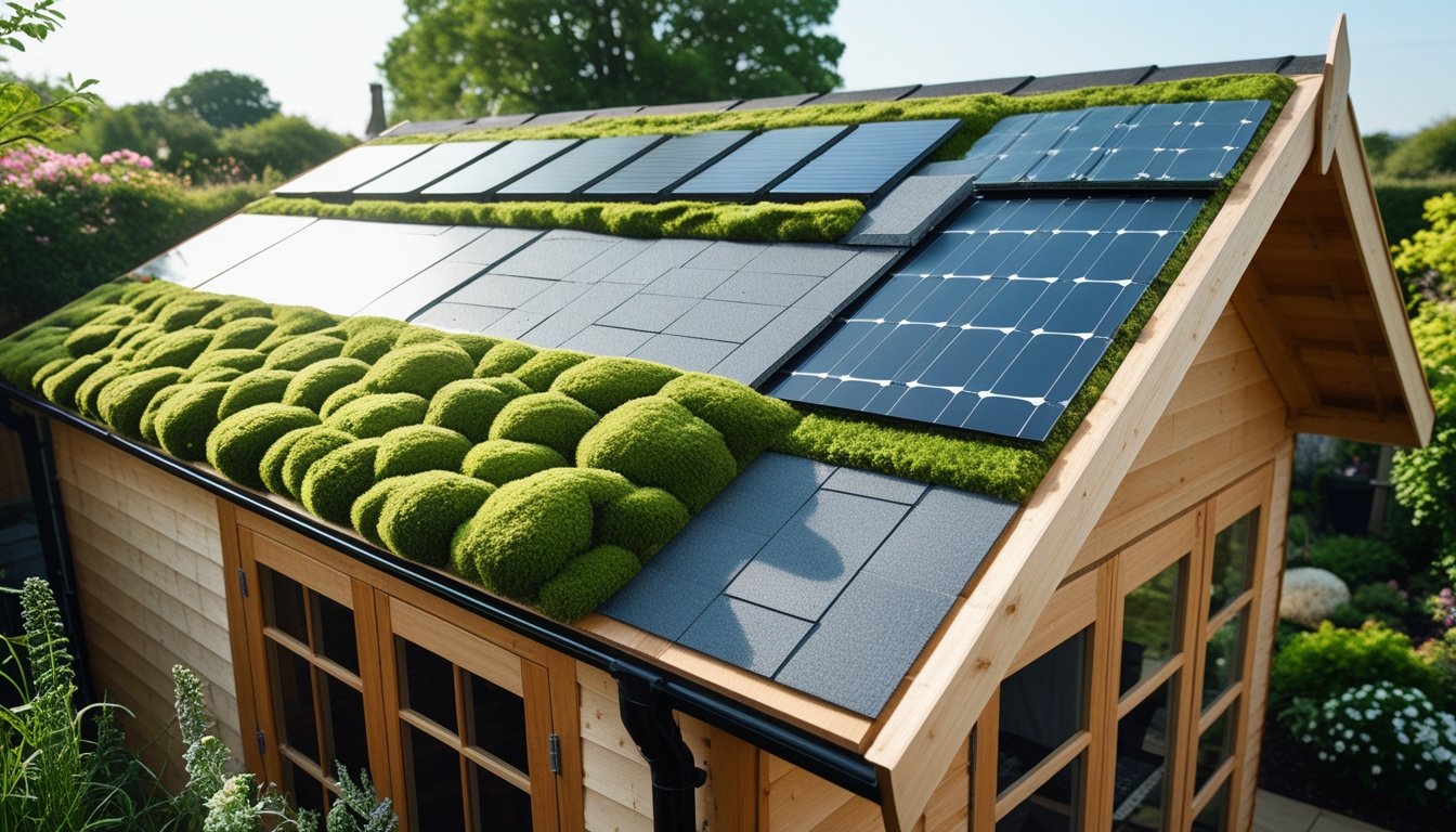 A garden shed roof in a UK garden covered with eco-friendly roofing materials including moss, recycled slate tiles, and solar shingles, surrounded by plants and flowers.