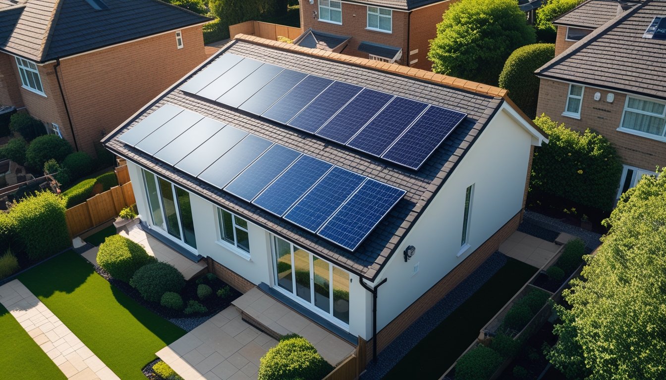 A modern UK house with a new roof featuring solar panels, surrounded by green gardens under a clear blue sky.