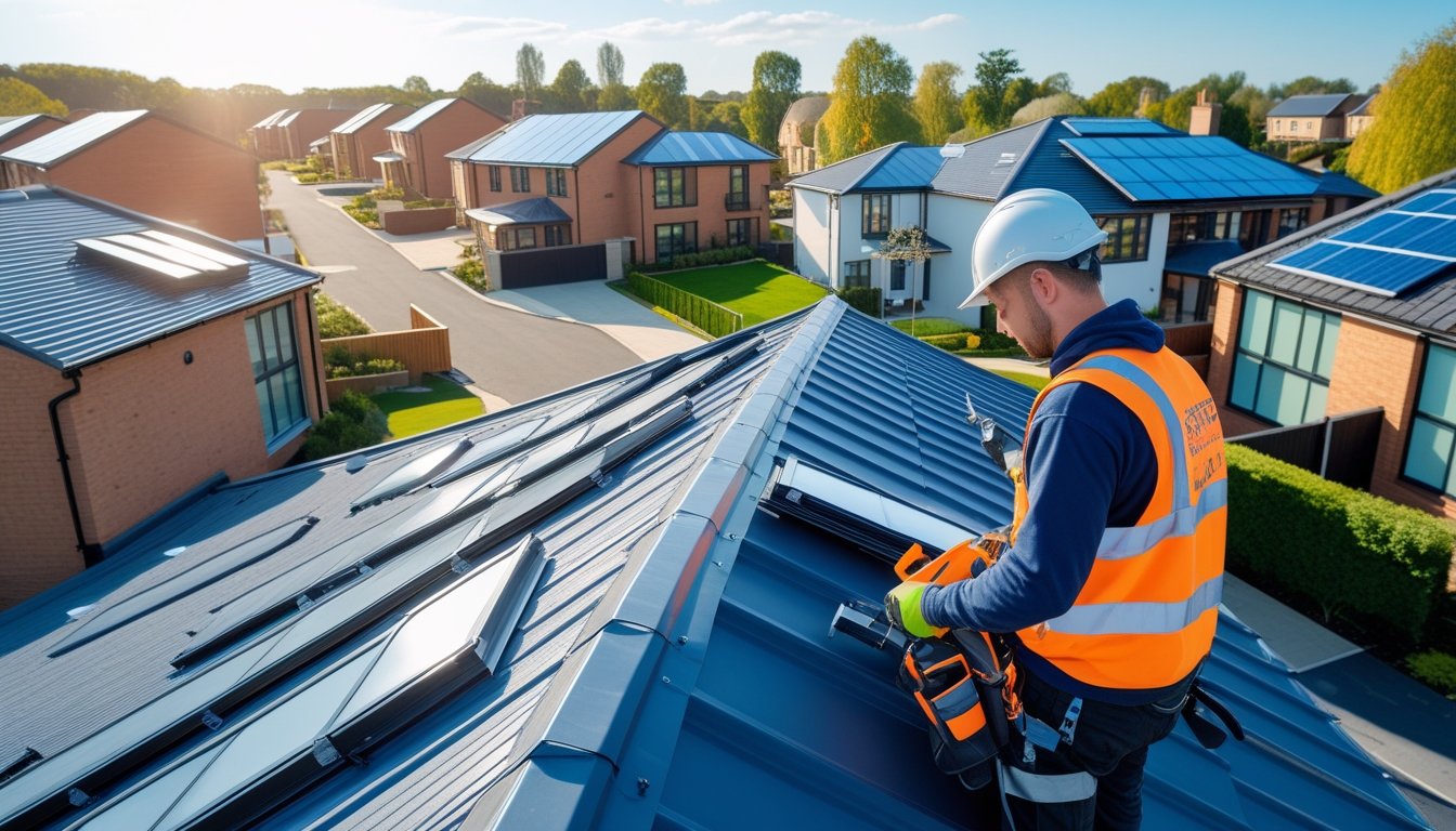 A roofer inspecting a modern house roof with solar panels and green roofing in a sunny UK neighbourhood.