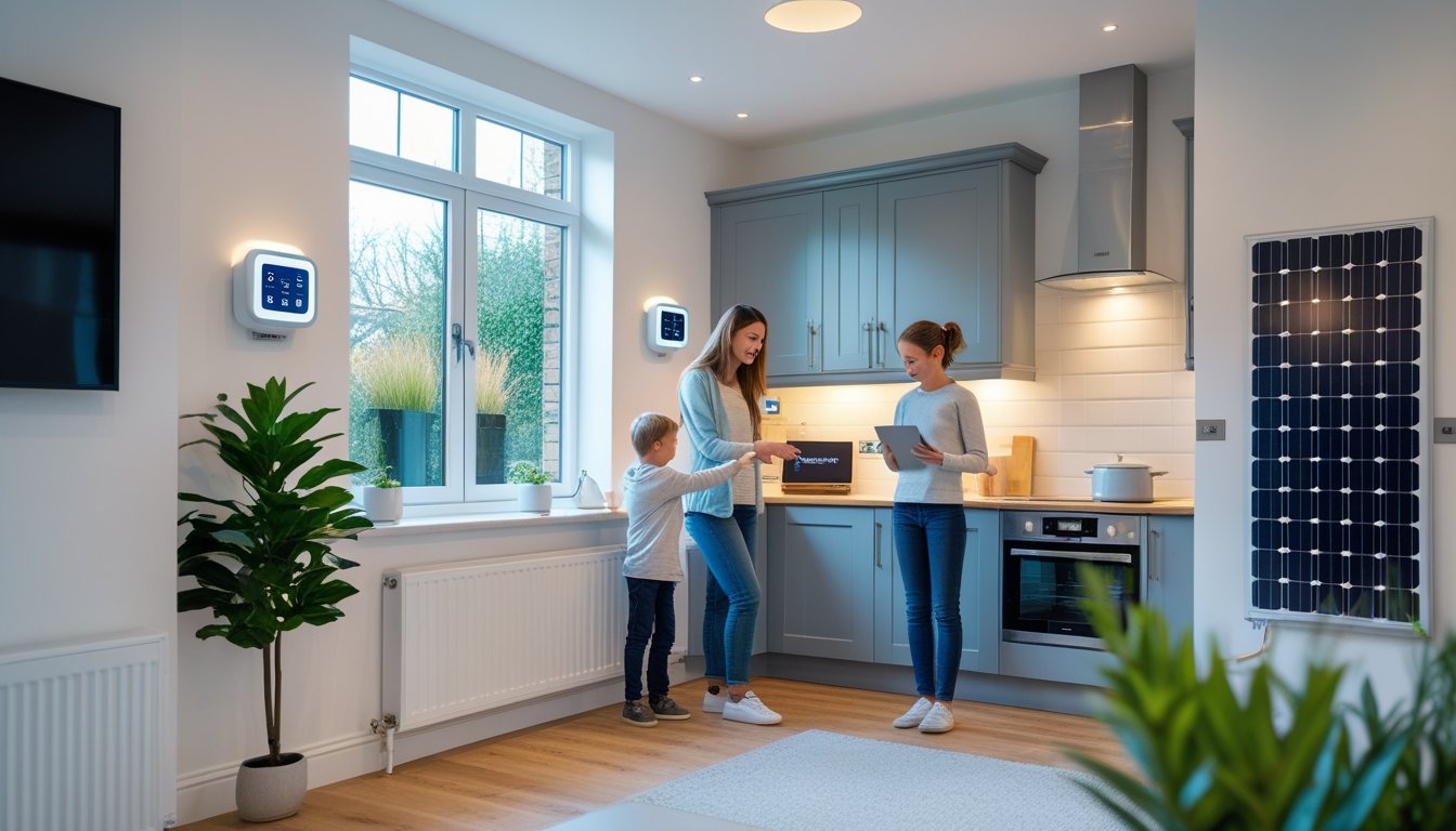 A family in a modern UK home using smart thermostats and energy-efficient appliances with natural light coming through double-glazed windows.