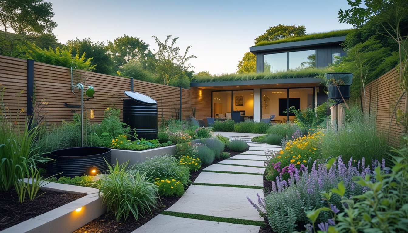 A modern UK garden with native plants, rainwater harvesting barrel, solar lights, compost bin, stone pathway, and a house with a green roof in the background.