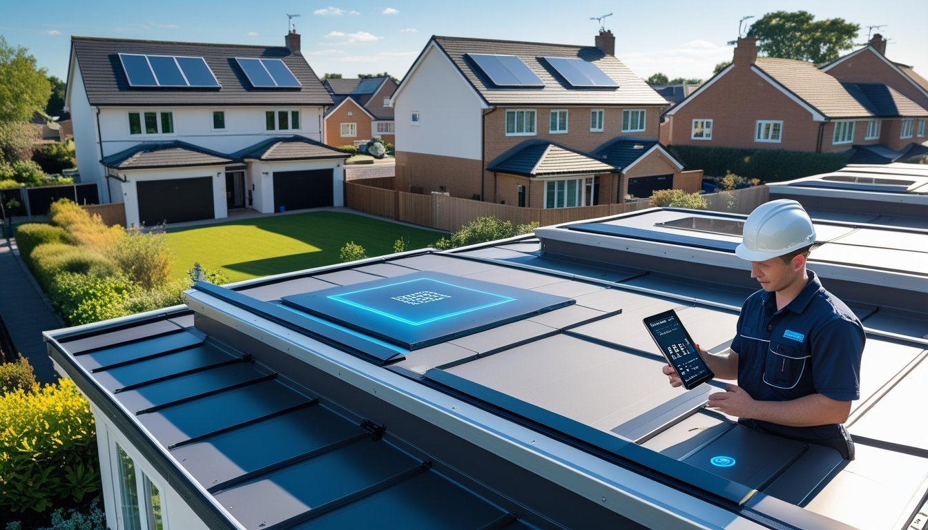A technician inspecting rooftops with smart insulation systems on houses in a UK neighbourhood on a sunny day.
