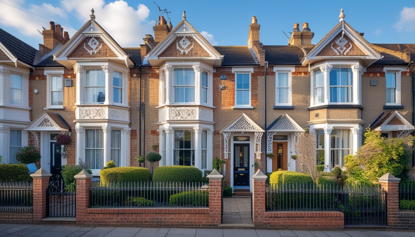 A street of UK homes showing distinctive architectural details like bay windows, brickwork, and decorative doors under a clear sky.
