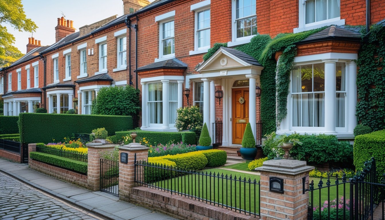 A row of traditional UK houses with brick exteriors, slate roofs, bay windows, and well-kept front gardens with flowers and hedges.
