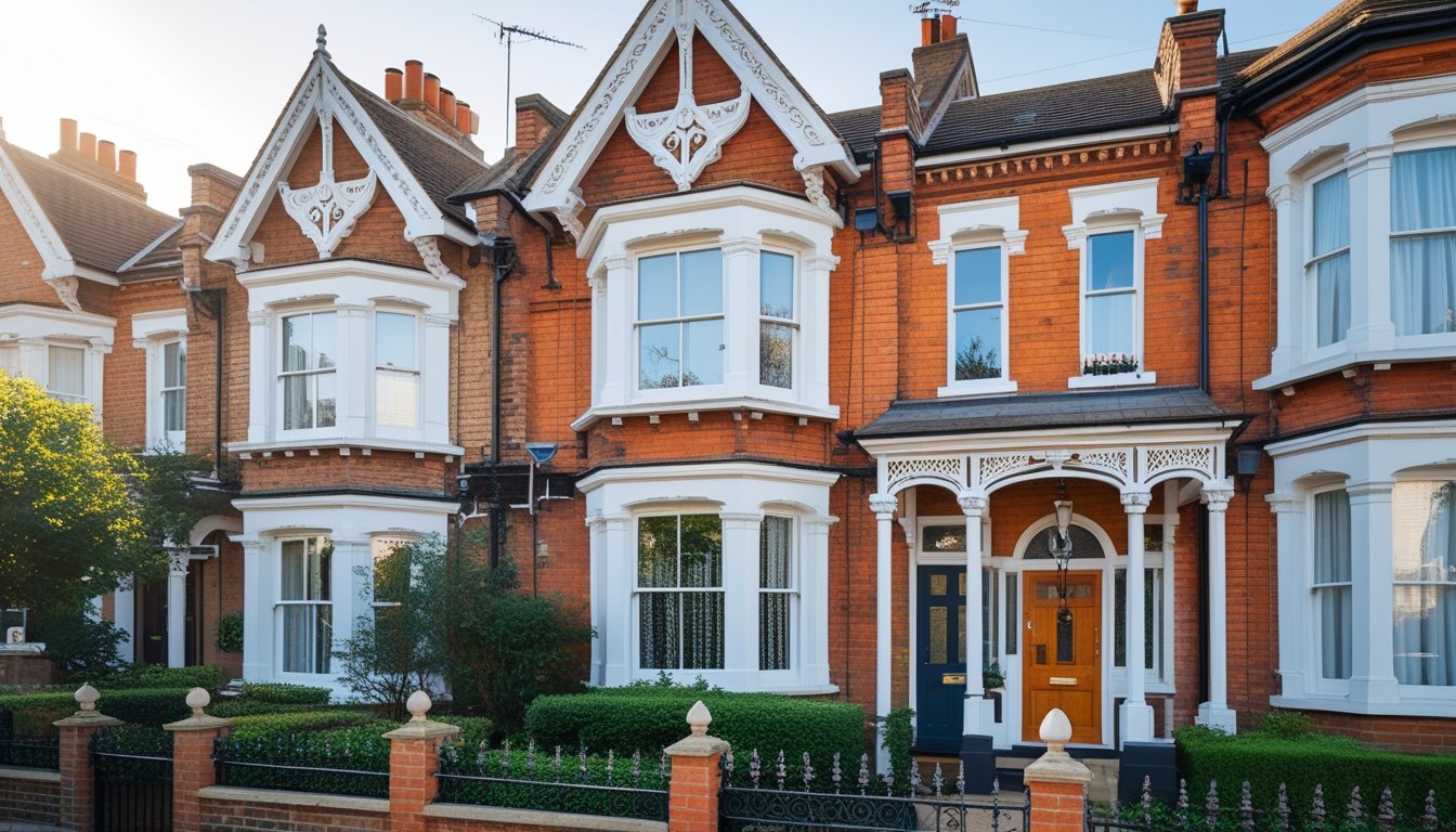 A row of UK houses showing unique architectural features like decorative gables, bay windows, and colourful wooden doors with gardens in front.