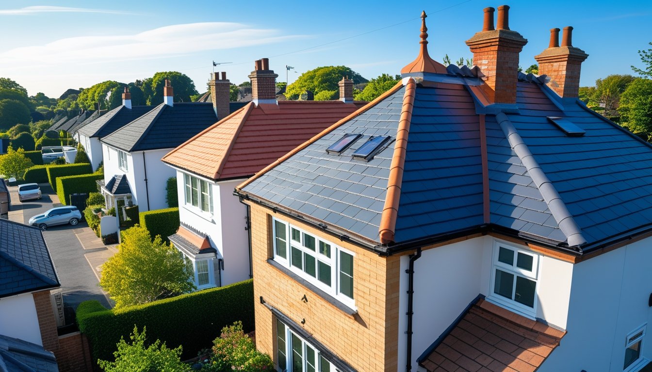 Several UK houses showing different types of roof materials and decorative features under a clear sky.