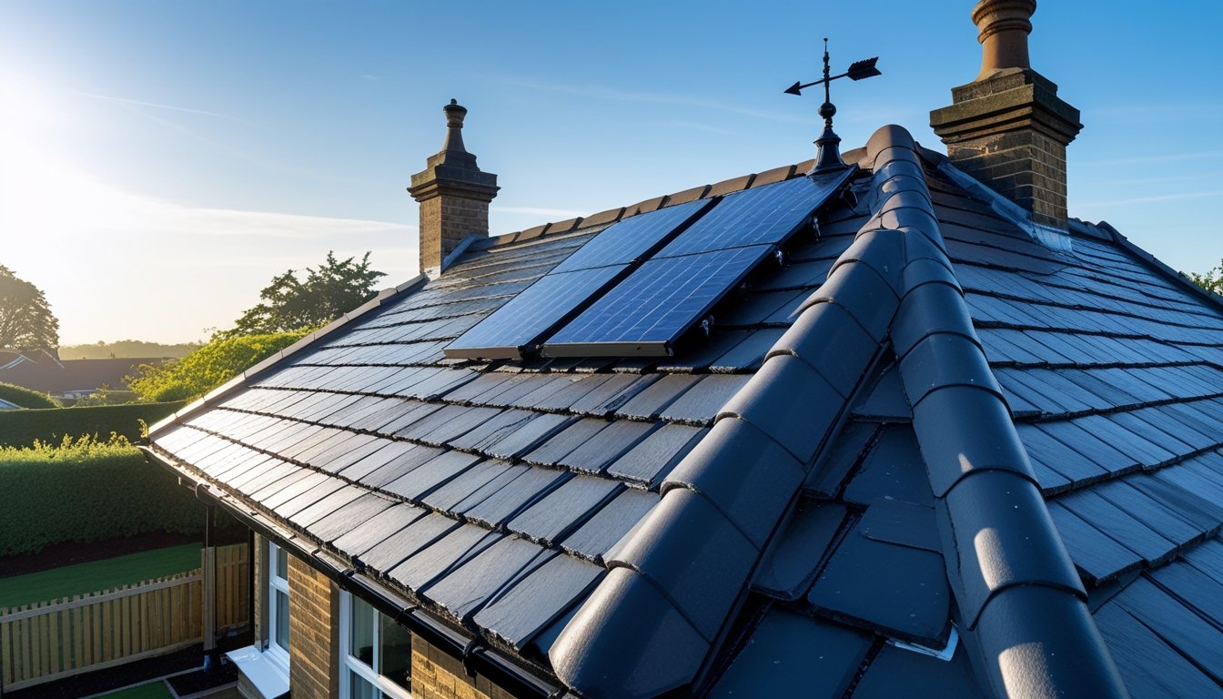 Close-up of a traditional UK house roof with slate tiles, chimney pot, weather vane, and solar panels under a clear sky.
