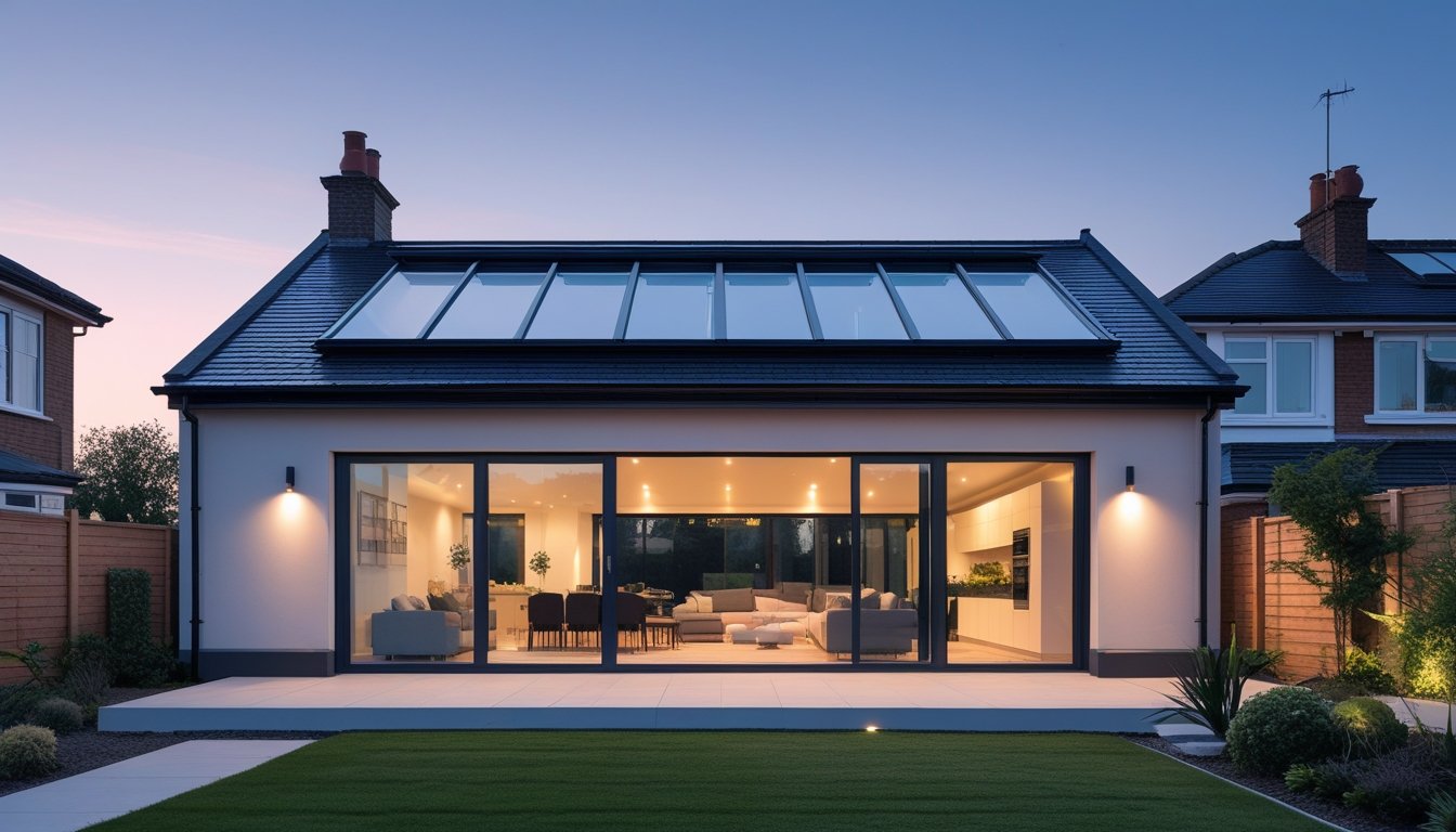 A modern UK home at dusk with skylights and roof lights softly illuminating the interior, surrounded by a garden.