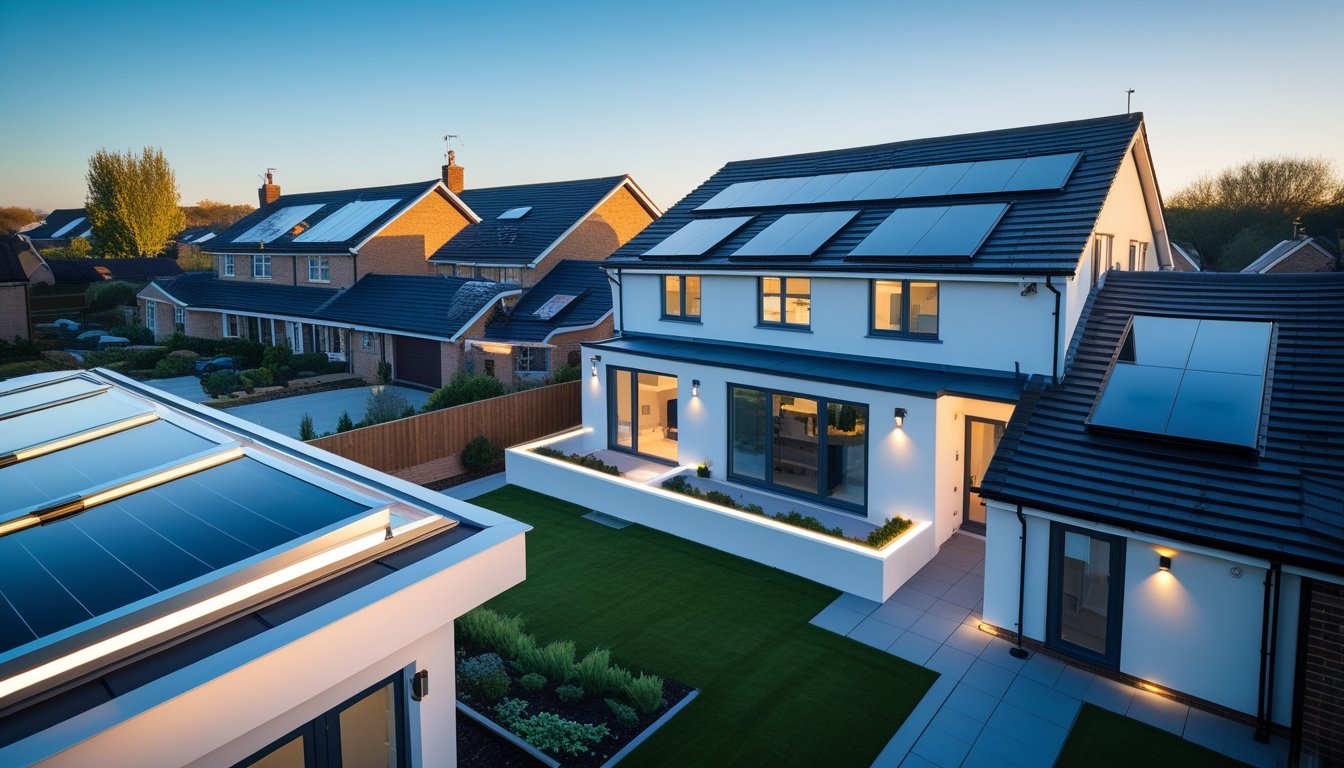Modern UK homes with different roof types featuring integrated roof lighting solutions in a suburban neighbourhood during the day.
