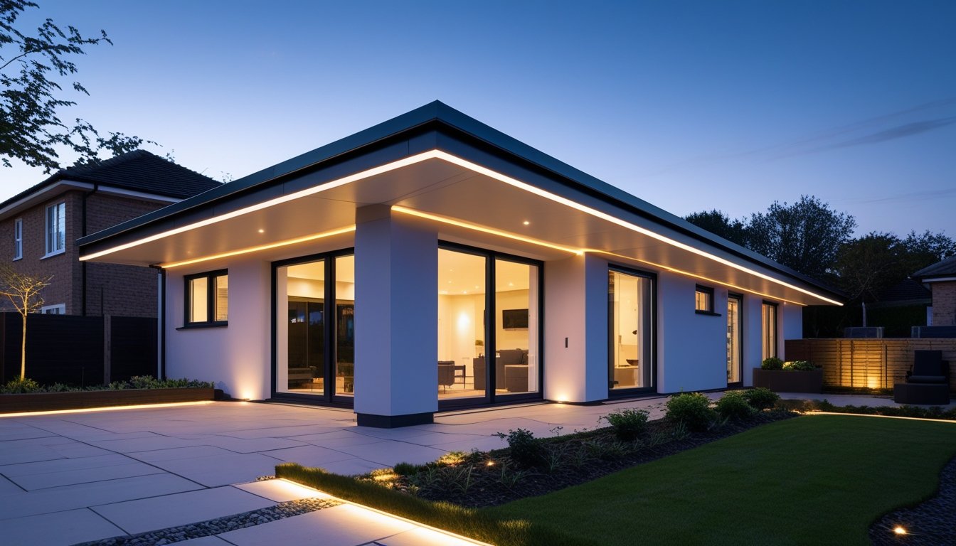 A modern UK home exterior at dusk with warm LED roof lights illuminating the roof edges and a garden with ambient lighting.