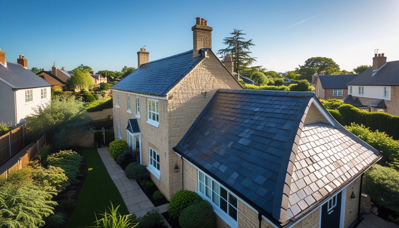A UK suburban house with a dark grey slate roof surrounded by a green garden under a clear sky.