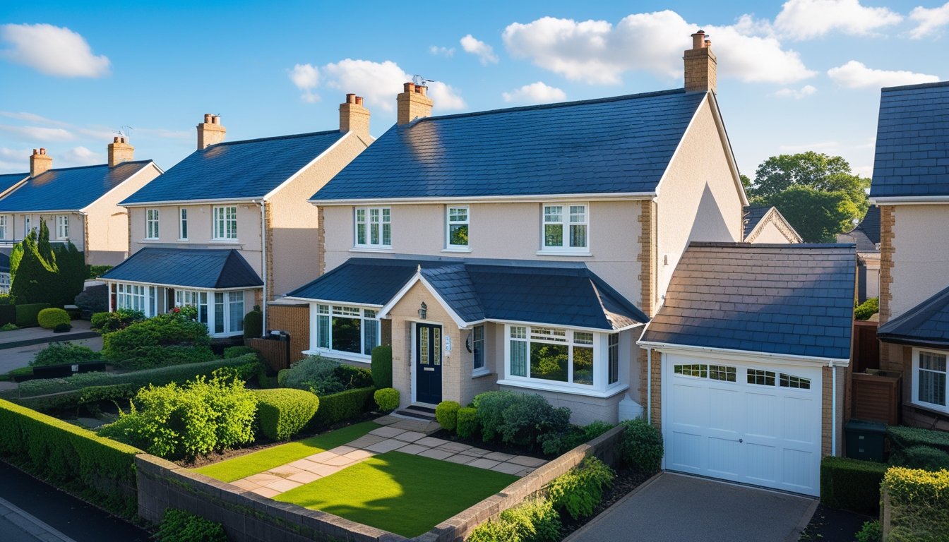 A view of several UK houses with dark grey slate roofs on a sunny day, surrounded by gardens and greenery.
