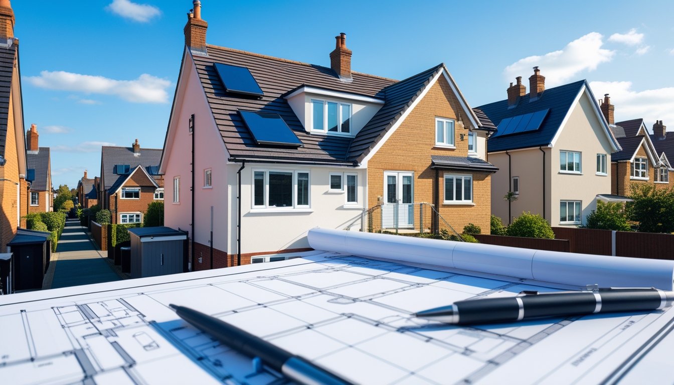 A neighbourhood of UK houses showing various roof styles with architectural plans and tools on a table in the foreground.