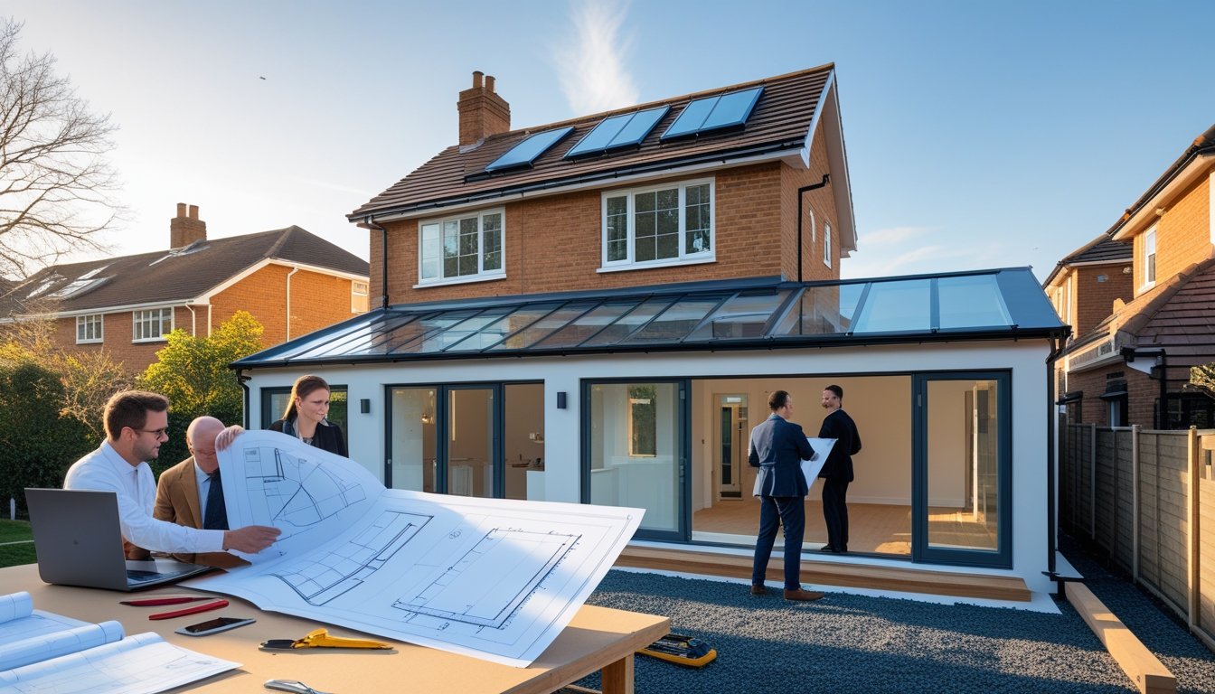 Architects and construction professionals examining roof design plans outside a modern suburban house with a new roof extension.