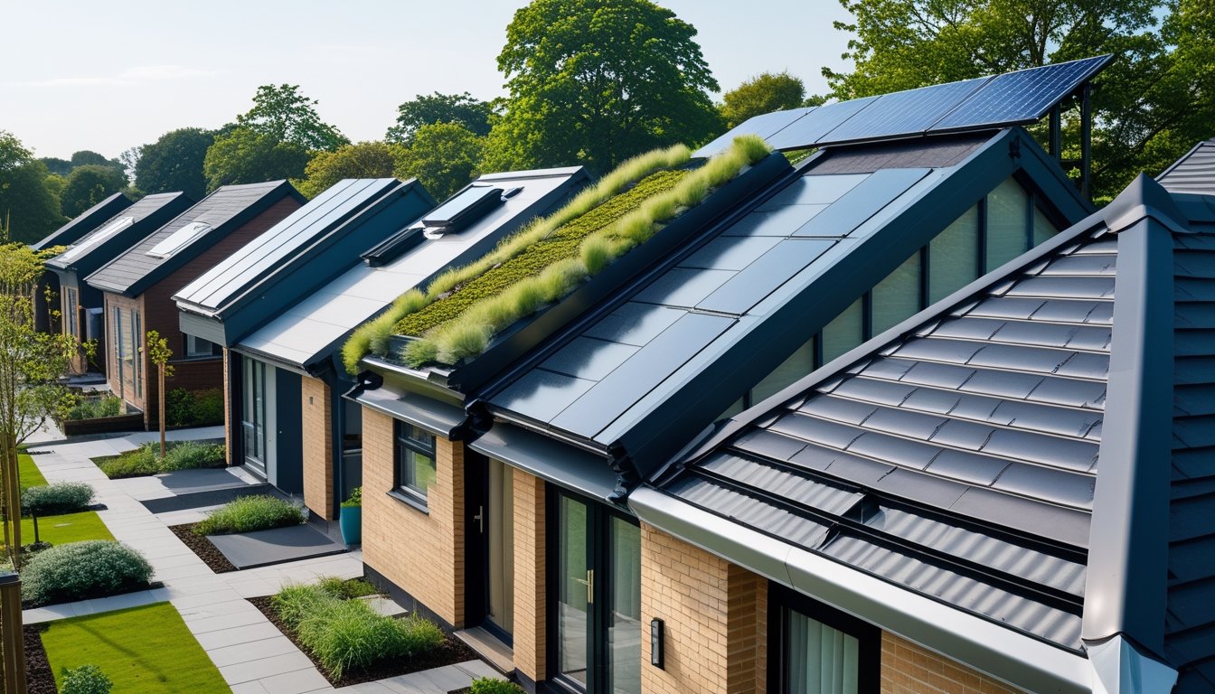 A row of small UK homes with different modern roofing styles including green roofs, solar panels, and metal cladding under a clear sky.