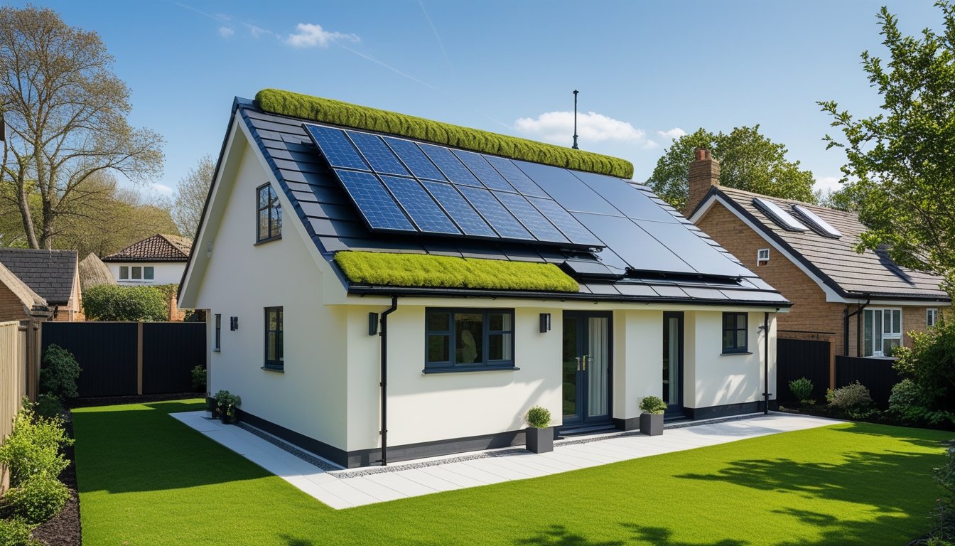A small UK home with a modern, energy-efficient roof featuring solar panels and green plants, surrounded by a garden under a clear sky.