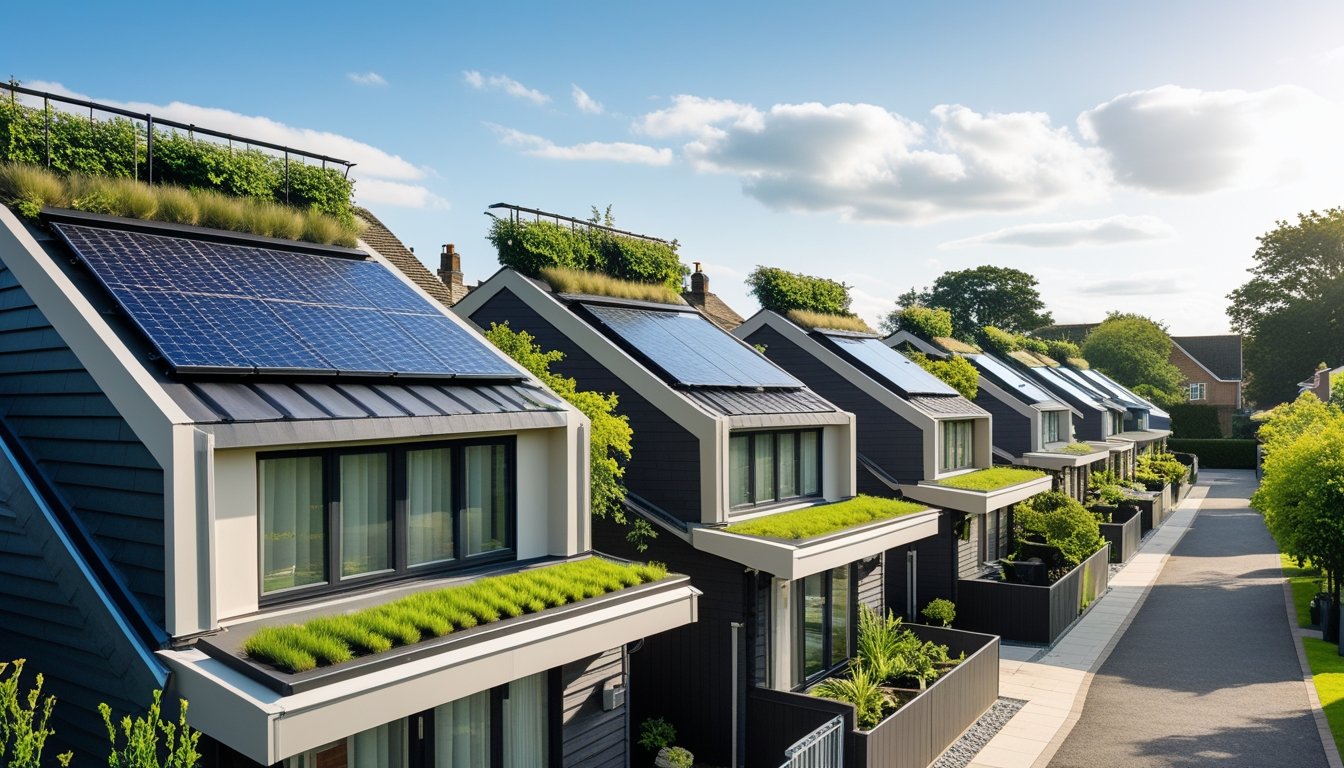A row of small UK houses with modern, eco-friendly roofs including solar panels and green plants, set in a suburban neighbourhood on a clear day.