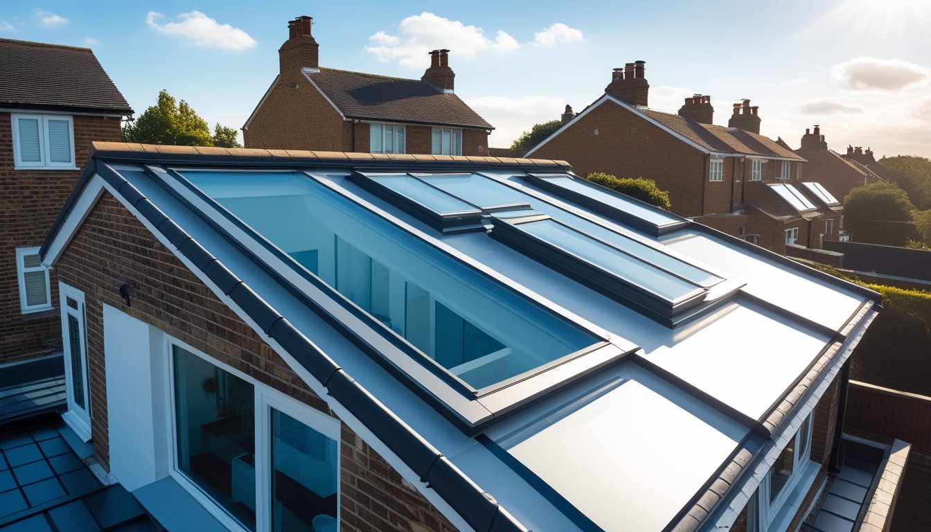 A UK residential rooftop with modern skylight windows letting daylight into the house under a clear sky.